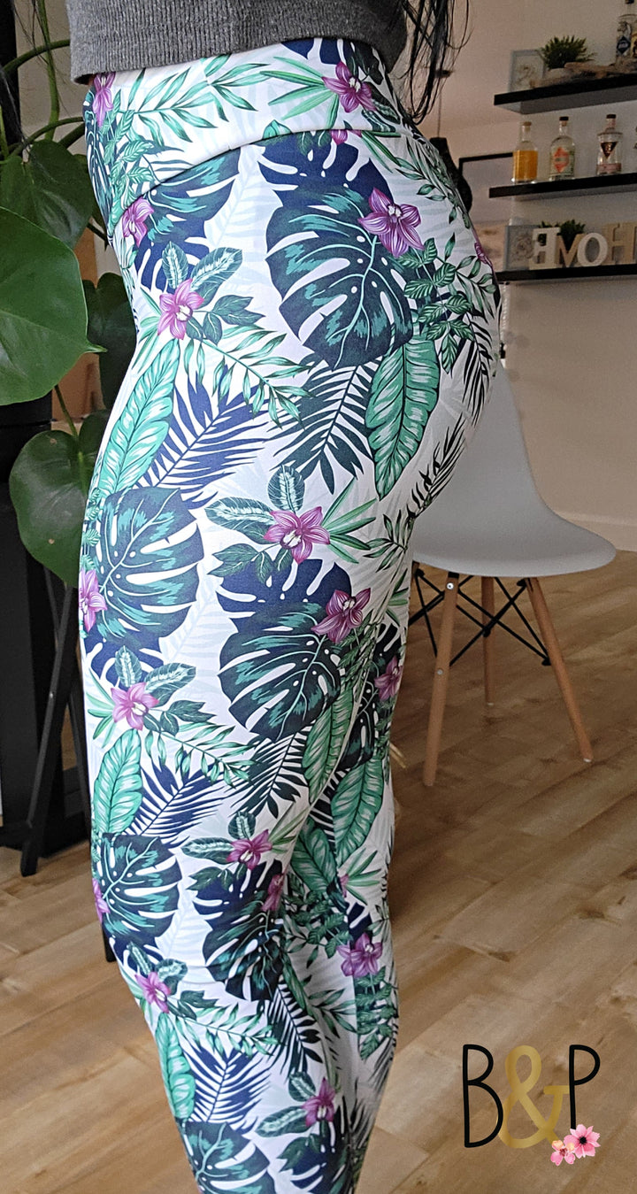 Legging tropical fleurs mauves